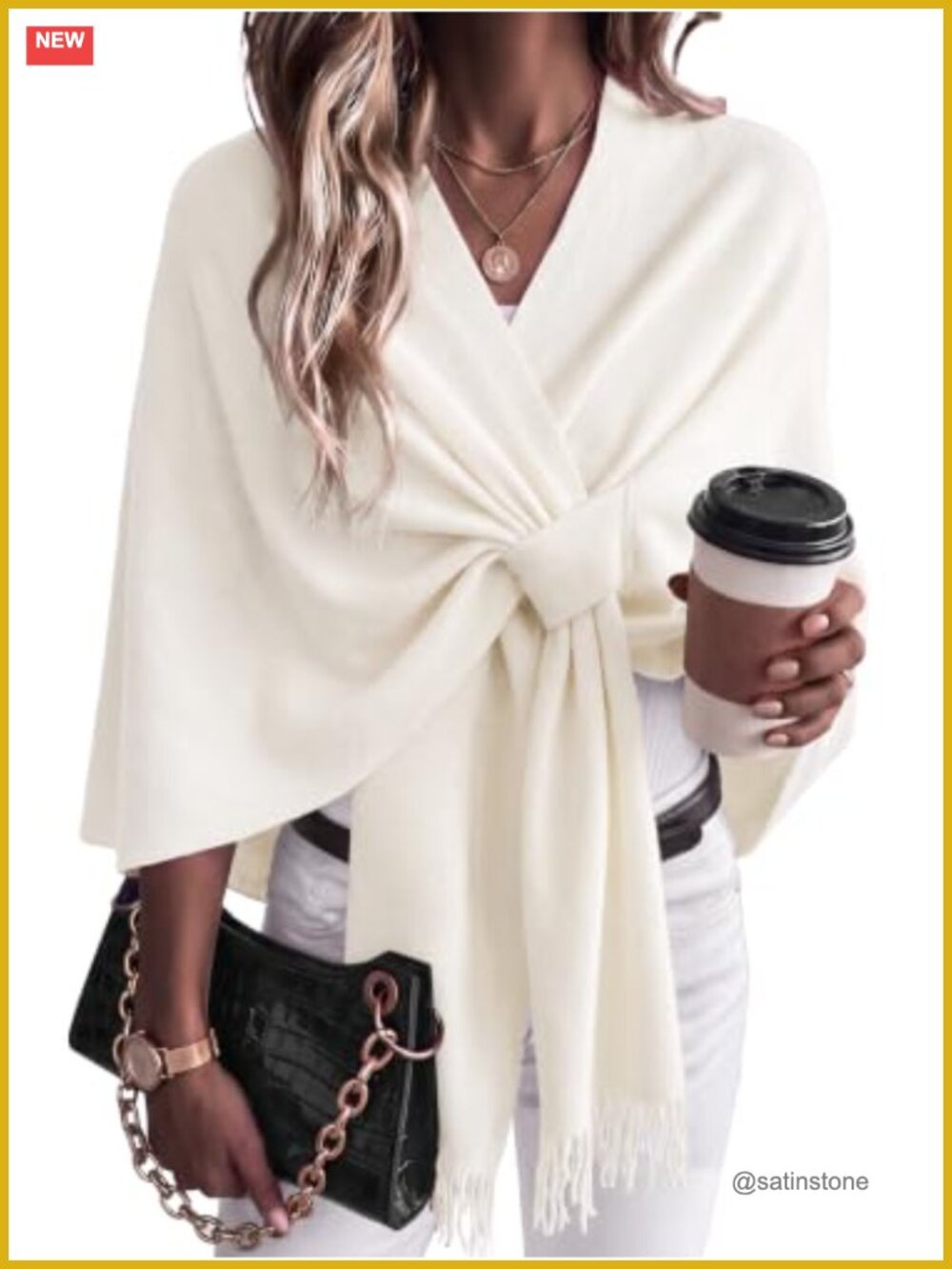 Wool Blend Shawl Wrap with Front Loop One Size Fringe Hem Fall Winter
